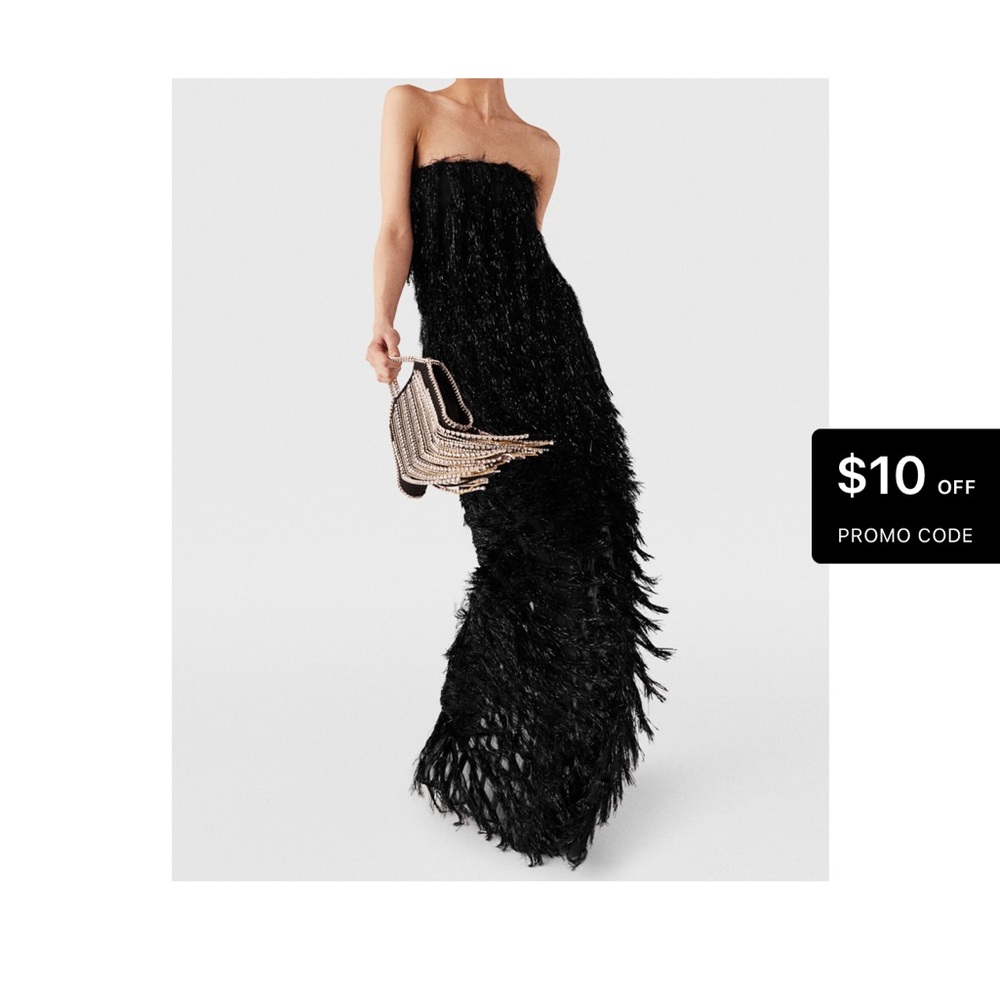 Stella McCartney Black Strapless Dress tinsel fringe elegant gala evening gown S